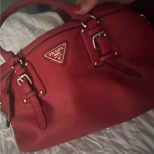 Prada Red Pebbled Leather Buckle Satchel with Gold Hardware
